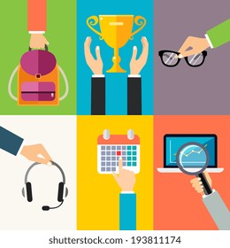 Business hands gestures design elements of holding backpack award cup glasses isolated vector illustration
