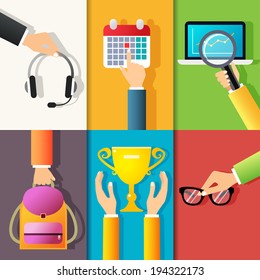 Business hands gestures design elements of holding headphones pointing on calendar isolated vector illustration