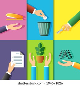 Business hands gestures design elements of office stationery and plant isolated vector illustration