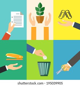 Business hands gestures design elements of paper clip stapler office stationery isolated vector illustration
