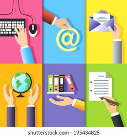 Business hands gestures design elements of computer keyboard mouse and signs isolated vector illustration
