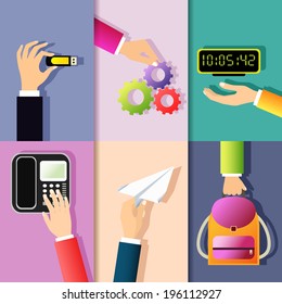 Business hands gestures design elements of holding memory stick cog wheel digital clock isolated vector illustration