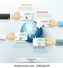 Business hands global infographics template. Vector illustration. Can be used for workflow layout, banner, diagram, number options, step up options, web design, timeline.