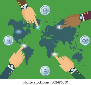 Business hands global infographics template. Vector illustration. Can be used for workflow layout, banner, diagram, number options, step up options, web design, timeline.
