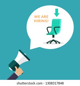 Business hands holding megaphones, announcement bubbles and work chairs, job vacancies flat design vector illustration