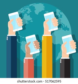 Business hands holding phones with world background - vector illustration
