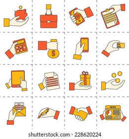 Business hands holding piggy bank calculator tablet financial icons set isolated vector illustration