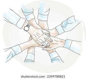 Manos de negocio unidas para trabajo en equipo - ilustrador vectorial