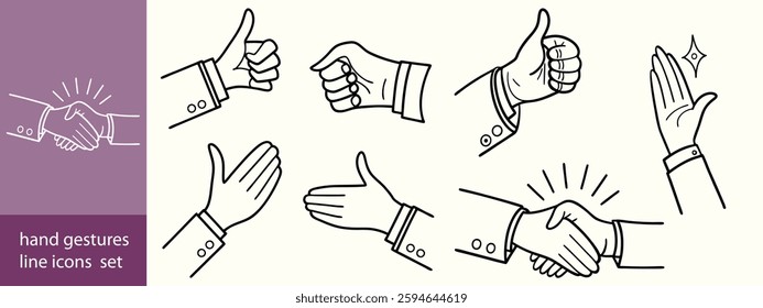 Business Hands Line Editable Icons set. Vector illustration in modern thin line style of different hand gestures: like, dislike, handshake, teamwork, perfect, and more.
