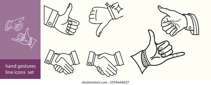 Business Hands Line Editable Icons set. Vector illustration in modern thin line style of different hand gestures: like, dislike, handshake, teamwork, perfect, and more.