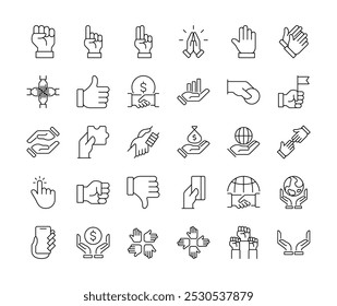 Business Hands Line icon. Vector illustration in modern thin line style of different hand gestures: like, dislike, handshake, teamwork, perfect. Editable Icons set