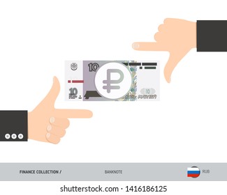 Business hands measuring 10 Russian Ruble Banknote. Flat style vector illustration. Finance concept.