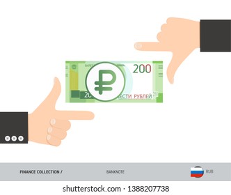 Business hands measuring 200 Russian Ruble Banknote. Flat style vector illustration. Finance concept.