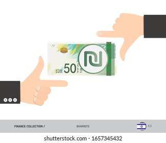 Business hands measuring 50 Israeli New Shekel Banknote. Flat style vector illustration. Finance concept.