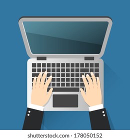 Business hands on notebook computer keyboard with open screen vector illustration