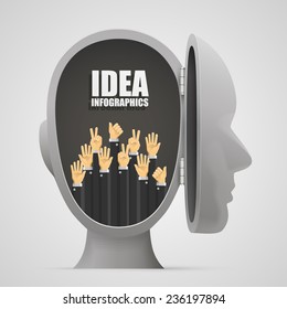 Business hands up in the open head. Vector illustration