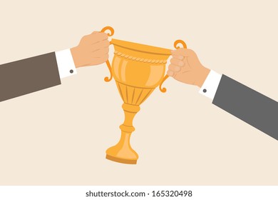 Business hands pulling cup competition vector illustration