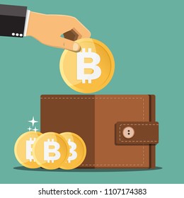 Business hands putting bitcoin into wallet - Vector illustration.
