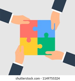 Business Hands putting puzzle pieces together vector illustration