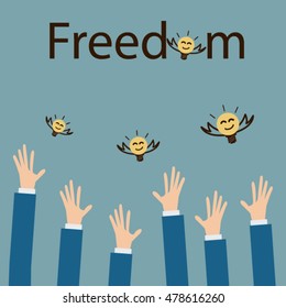 Business hands rise up to keep creative ideas,freedom concept ,flat vector design.