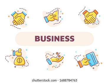 Business hands, shaking hand, flip coins, credit card, bag with money - business graphic pictogram for web page and mobile applications, landing page icons and illustration, ui ux design element