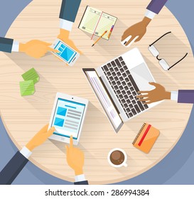 Business Hands Tablet Laptop Phone Digital Devise People Working Internet Top Angle View Circle Desk Flat Vector Illustration