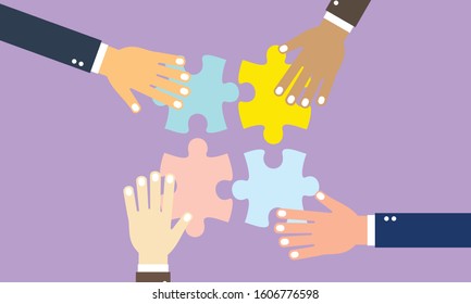 Business hands team work. Find a solution with puzzle symbol. Connecting with puzzle elements. Vector illustration flat design style