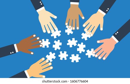 Business hands team work. Find a solution with puzzle symbol. Connecting with puzzle elements. Vector illustration flat design style