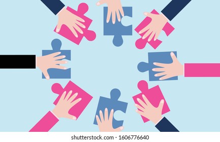 Business hands team work. Find a solution with puzzle symbol. Connecting with puzzle elements. Vector illustration flat design style