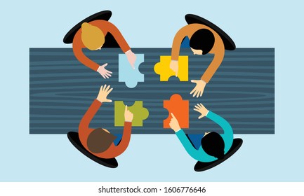 Business hands team work. Find a solution with puzzle symbol. Connecting with puzzle elements. Vector illustration flat design style