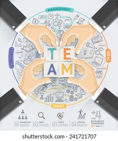 Business hands teamwork infographics template. Vector illustration. Can be used for workflow layout, banner, diagram, number options, step up options, web design, timeline.