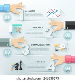 Business hands teamwork infographics template. Vector illustration. Can be used for workflow layout, banner, diagram, number options, step up options, web design, timeline.