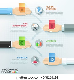 Business hands teamwork infographics template. Vector illustration. Can be used for workflow layout, banner, diagram, number options, step up options, web design, timeline.