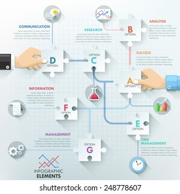 Business hands teamwork infographics template with paper puzzle elements. Vector illustration. Can be used for workflow layout, banner, diagram, number options, step up options, web design, timeline.