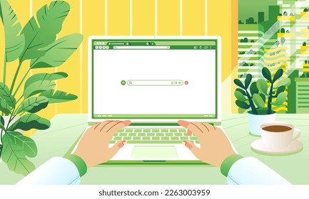 Business hands typing with green plants around the table browser on screen. Office desk concept. green city landscape on window view