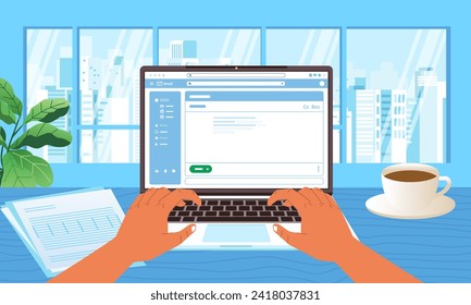 Business hands typing laptop keyboard browser on screen at Office desk concept people work