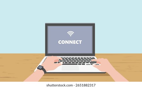 Business hands typing on laptop keyboard , coffee and document on table. browser on screen. Office desk  wifi connect