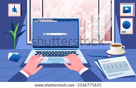 Business hands typing on laptop keyboard , coffee and document on table. browser on screen. Office desk concept. city landscape on window view. monochrome color