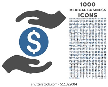 Business Hands vector bicolor icon with 1000 medical business icons. Set style is flat pictograms, cobalt and gray colors, white background.
