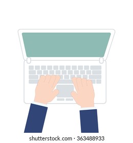 business hands working on laptop, top view on white background, Vector illustration in modern flat design