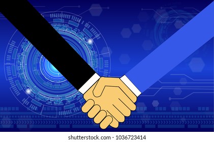 business handshake with abstract eye technology effect background