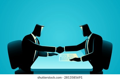 Business handshake agreement between two executives signing contract, corporate partnership and successful deal concept illustration