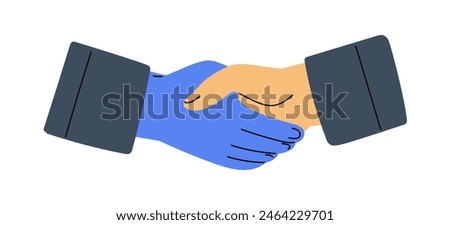 Business handshake. Agreement concept. Partners shaking hands for cooperation in corporate deal. Trust in teamwork, professional relationship. Flat vector illustration isolated on white background