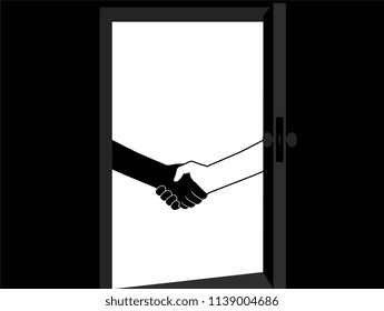 Business handshake behind the door. Contract, transaction. Black and white illustration