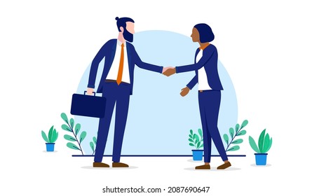 Business handshake between man and woman - Flat design vector illustration of diverse people shaking hands on white background.