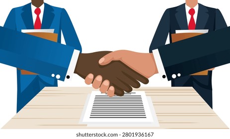 Business handshake between two diverse men in formal suit with red tie holding folder, agreement contract on table, partnership deal concept