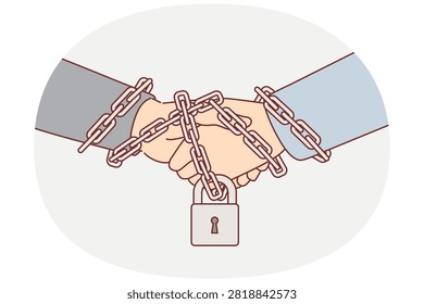 Business handshake between two partners with hands chained and locked, as sign of guaranteeing fulfillment of agreements. Corporate employees handshake instead of signing contract.