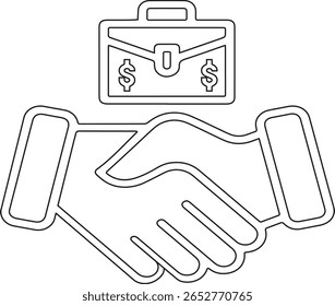 Handshake de empresa com porta-arquivos e ícone de sinais de dólar que representam parceria e negociação financeira