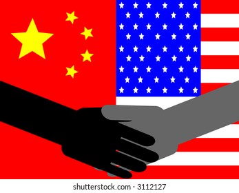 business handshake with Chinese and American flag illustration