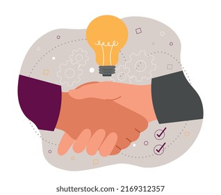 Concepto de apretón de manos de empresas. Inversionistas y empresarios hicieron un trato, negociaciones exitosas. Asociación y colaboración. Confianza e intercambio de ideas e ideas. Dibujo vectorial plano de dibujos animados